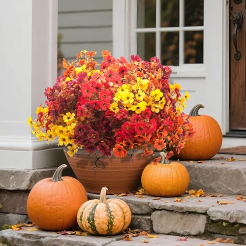 Grunyia 20 Bundles UV Resistant Artificial Fall Flowers for Outdoor - No Maintenance Thanksgiving Decor with Orange Blooms, Faux Silk & Plastic Plants for Porch, Yard (Fall Coffee Mix) - color: Fall Coffee Mix