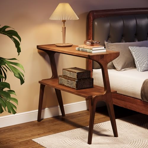 Tribesigns Solid Wood End Table, Rustic Side Table for Couch, 2-Tie Farmhouse Tall End Table, Narrow Bedside Table for Bedroom, Living Room, Easy Assembly, Rustic Brown - color: Rustic Brown