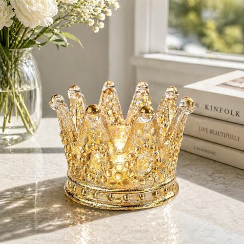 Luxury Crown Glass Candle Holder - Gold Votive Holder for Candles, Jewelry, Floral or Vanity Decor - Elegant Gift for Women