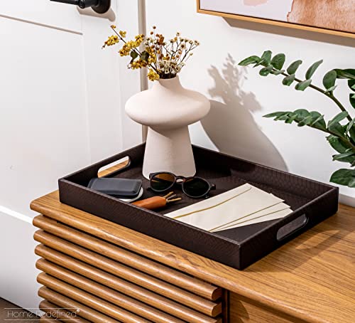 Modern 17.5"x12" Rectangle Brown Snake Faux Leather Decorative Tray Serving Tray with Handles Ottoman Coffee Table Dresser Living Room Kitchen Tray by Home Redefined for All Occasion's. - color: Brown