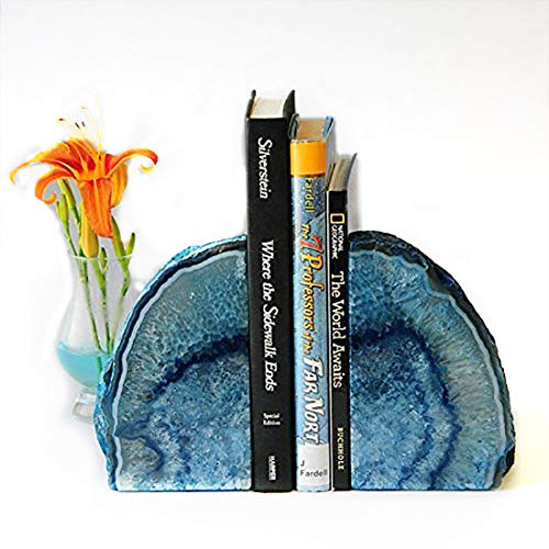 JIC Gem Agate Decorative Book Ends Blue Gemstone Geode Bookends Cool Crystal Bookends for Shelves Book Ends for Heavy Duty Books with Rubber Bumpers for Office and Home Décor (1 Pair,4-6 LBS) - color: Blue Dyed, size: 4-6LBS.
