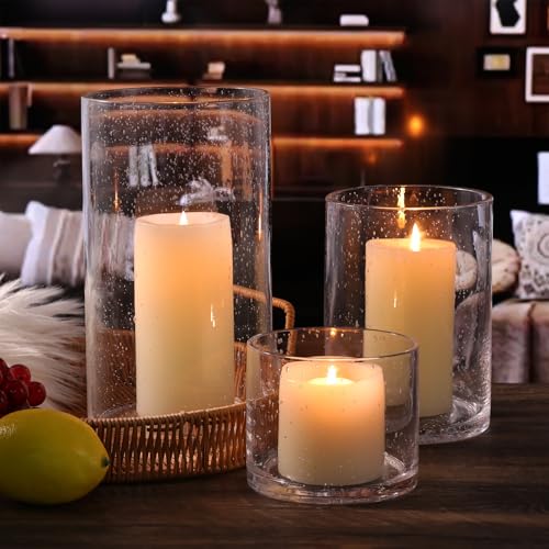 Large Hurricane Candle Holder Set of 3 Clear Candle Holders for Pillar Candles, Seeded Bubbles Glass Candle Holder for Table Centerpiece, Glass Cylinder Vases for Home, Patio and Wedding 10" 7" 4" H - color: Clear, size: Large