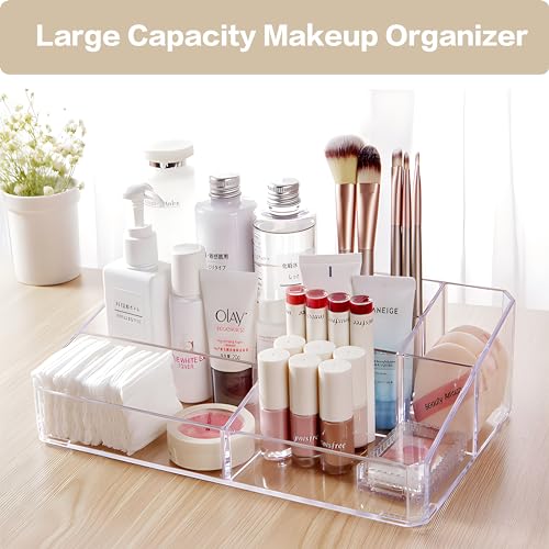 Clear Makeup Organizer, Makeup Brushes Storage Case, Cosmetic Display Case Tray, Tiered Skincare Organizer, Acrylic Lipstick Holder Countertop Desk Brush Organizer for Bedroom Vanity
