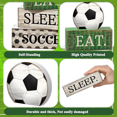Yuntau 4 Pcs Soccer Wooden Tabletop Decor Soccer Tiered Tray Decor Rustic Wood Block Sign Gift Centerpiece Farmhouse Table Sign for Home Boys Room Office Shelf Birthday Party - style: Soccer