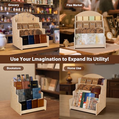 PUERSI Greeting Card Display Stand, Wooden 4-Tier Postcard Display Stand Holder for Sticker, Vendors, Retail Stores, Beige - color: Beige
