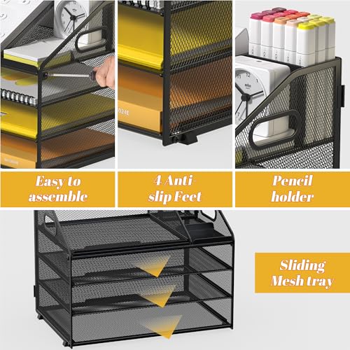 Letter Tray Paper, 4 Tier Desk Organizer with Pen Holder and Handle Mesh File Organizer Paper Sorter Metal Desktop Document Shelf for Office Home Classroom -Black - color: 4 Tier-black