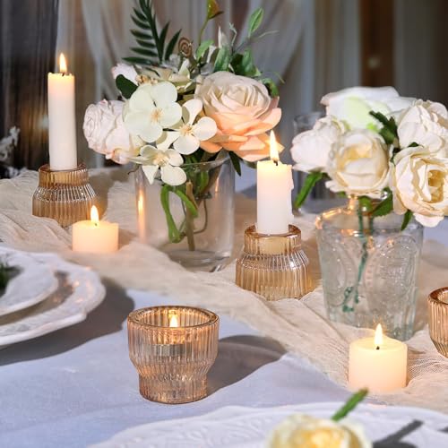 HAVITI 12 Pack Gold Taper Candle Holders, Glass Candlestick Holders, Tea Light Candle Holder for Fall Wedding Centerpieces Table Decorations, Votive Candle Holders for Table Decor - color: Gold