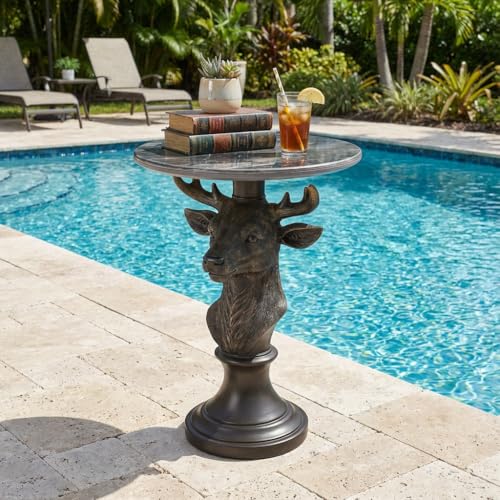 Modern Accent Table with Vintage-Style Deer Ornament Base, Minimalist Faux Marble End Table for Living Room Reception Area & Bedroom, 19.69 Inches Wide × 25.59 Inches High - style: vintage deer