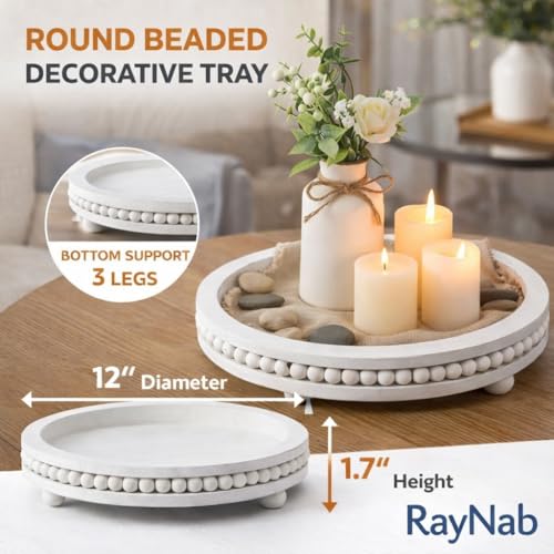 RayNab Farmhouse Round Wooden Beaded Tray – 12" Whitewashed Rustic Decorative Wood Tray for Coffee Table, Kitchen Centerpiece, Ottoman or Serving Snacks