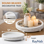 RayNab Farmhouse Round Wooden Beaded Tray – 12" Whitewashed Rustic Decorative Wood Tray for Coffee Table, Kitchen Centerpiece, Ottoman or Serving Snacks