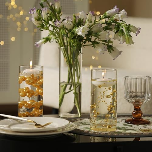 Set of 3 Glass Cylinder Vases for Centerpieces with 2 Pack Vase Filler 3 Pearl String 6 White Floating Candles for Centerpieces, Table Center Pieces for Wedding Party Home Decor 5, 6, 8 Inch - style: 3 Set(5,6,8Inch)