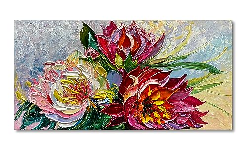 Art Hand Painted red Flowers Art Oil Painting 24x48 Thick Texture Abstract Wall Decorative Art Oil Painting - color: Yi034