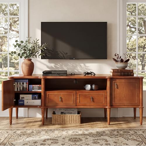 STO'SENSE 63" Pre-Assembled Tv Stand w/Power Outlet, Solid Wood Grain TV Consoles w/2 Cabinets & 2 Drawers, Mid Century Modern Entertainment Center for Living Room, Fits TVs up to 75", Vintage Walnut - color: Vintage Walnut
