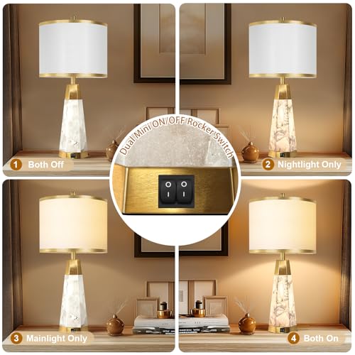 KIVDITZO 27" Alabaster Table Lamps Set of 2 - Lamps for Living Room with Night Light, Bedside Lamps with White Linen Shade, Nightstand Table Lamp with USB A+C Port for Bedroom Office (Bulb Included) - color: Golden Colored-2