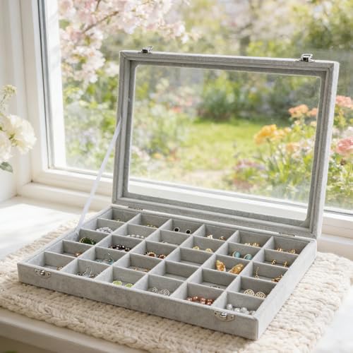 Wudygirl 30 Grid Jewelry Organizer Velvet Jewelry Box Jewelry Tray with Clear Lid Storage Case Showcase Display Stackable Removable (30 Grid) - style: 30 Grid Tray