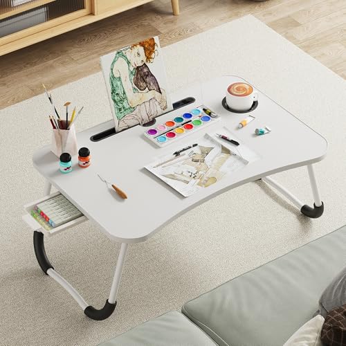 Lap Desk Bed Trays for Eating and Laptops Breakfast in Bed Tray for Sofa/Couch/Study/Reading/Writing with Cup Holder/Drawer On Low Sitting Floor Large Portable Foldable (White) - color: White