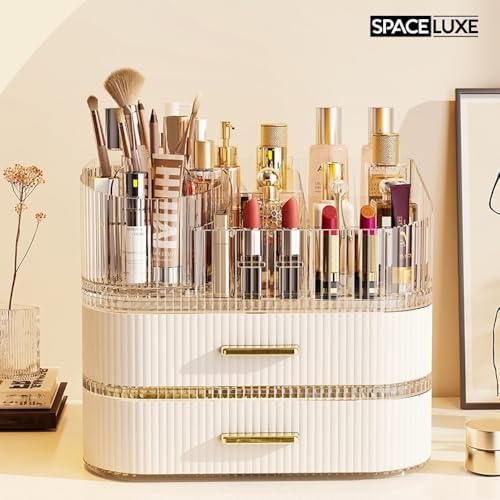 Makeup Organizer with Drawers and 360° Rotating Brush Holder, Large Capacity Cosmetic Storage for Vanity, Skincare, Perfume, Hair Accessories, Lipstick & Jewelry (Cream White, 3-layer) - color: Cream White, size: 3-layer
