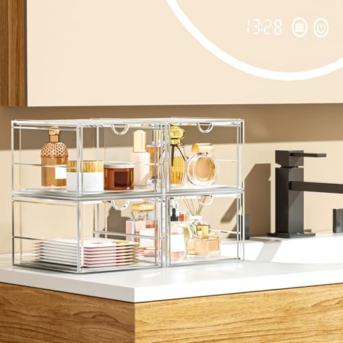 caktraie Acrylic Makeup Organizer, 4 Pack Drawer Organizer - Transparent Desktop Storage for Cosmetics, Office Supplies & More - Clear Organizers for Home & Office Use - size: 6 Drawers