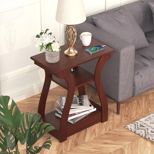 FROMJBEST End Tables Living Room, Cherry End Table with Charging Station, Nightstand for Bedroom, 3 Tier End Table with Storage Shelf for Living Room(Cherry) - color: Cherry