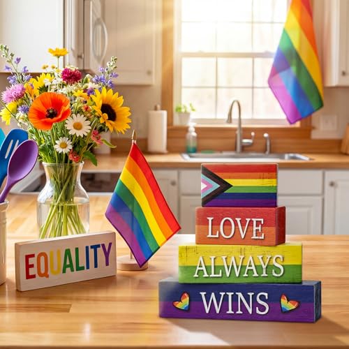 Smile Pride Month "Love Always Wins" Wooden Tabletop Decor LGBTQ+ Rainbow Wood Sign Desktop Plaque Set for Home, Office, Party Decor - Gay Pride Gift - style: LGBT