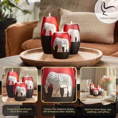 IYARA CRAFT 3 Wooden Candle Holders– Decorative Candle Holders with Inlaid Aluminium Antique Elephant – Intricate Details – Matte Wood Finish – Ideal for Modern & Rustic Settings (Rugby Shape)