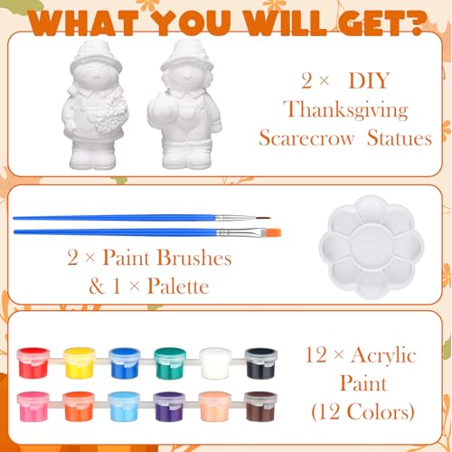 Seenelling 2 Pack Fall Thanksgiving Scarecrow Ready to Paint Your Own Statues 4'' DIY Unpainted Ceramics Figurines Kit Blank Paintable Ceramics Classroom Art and Crafts Decorations - style: Fall Thanksgiving Scarecrow
