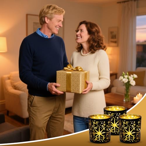 Votive Candle Holders Black and Gold, Glass Tealight Candle Holder Set of 3 with Stars Pattern, Vintage Tea Light Holders for Christmas Table Centerpiece Birthday Party Vanlentine's Day