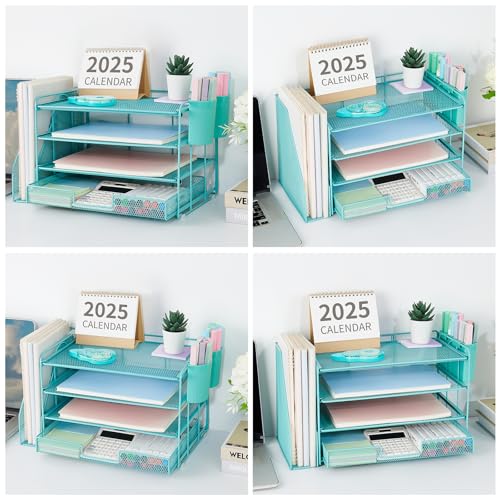 OPNICE Desk Organizer, 4-Tier Desktop File Organizer with Drawer and 2 Pen Holders, Office Desk Accessories, File Sorters, Workspace Organizers for Office Supplies(Teal Blue) - color: Teal Blue, size: 4-Tier