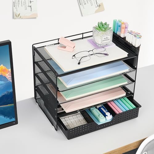 LEKETREE Desk Organizer and Accessories, 5-Tier Paper Letter Tray Organizer with Drawer & 2 Pen Holders for Desktop File Organization, Office Desk Accessories for Supplies Storage (Black) - color: Black, size: 12" x 8" x 10"