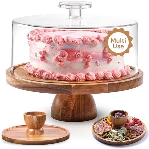HOMESPHERE Acacia Wood Cake Stand with Lid - Multifunctional 12 In Round Cake Holder, Dessert Table Display Set & Charcuterie Board for Cheese, Chips, Fruit Platter, Acrylic Cake Dome Cover, No Glass - color: Modern Dome