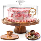 HOMESPHERE Acacia Wood Cake Stand with Lid - Multifunctional 12 In Round Cake Holder, Dessert Table Display Set & Charcuterie Board for Cheese, Chips, Fruit Platter, Acrylic Cake Dome Cover, No Glass - color: Modern Dome