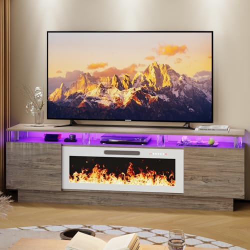 LEMBERI 70" Fireplace TV Stand for TVs up to 80 Inches with White 36'' Electric Fireplace & Remote, Modern Entertainment Center with LED Light,Woodeen TV Console for Living Room, 8 Acrylic Posts, Gray - color: Gray With White Fireplace (Acrylic Posts), si