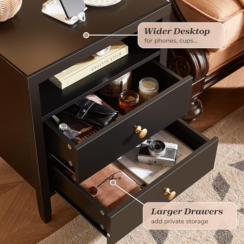 Huuger Black Nightstand Set of 2, Night Stand with Charger Station, Bedside Table with 2 Drawers, Bed Side Tables for Bedroom, Modern Nightstands, Metal Knobs, Painted Surface | with Charger Station, 2 Drawers, Bed Side Tables, for Bedroom, Metal Knobs, P