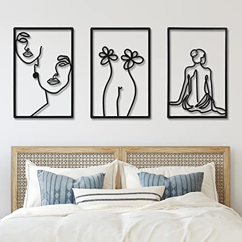 CHENGU 3 Pieces Metal Minimalist Abstract Woman Wall Art Line Drawing Wall Art Decor Single Line Female Home Hanging for Kitchen Bathroom Living Room - style: Back Style