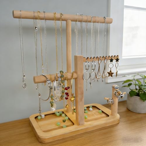 Solid Wood Jewelry Tower Organizer - 3-Tier Tree Holder Stand with 11 Earring Holes, 2 T-bar for bracelets Necklace or watches, Ring Tree & Display Tray (natural wood) - color: natural wood