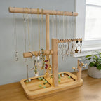 Solid Wood Jewelry Tower Organizer - 3-Tier Tree Holder Stand with 11 Earring Holes, 2 T-bar for bracelets Necklace or watches, Ring Tree & Display Tray (natural wood) - color: natural wood