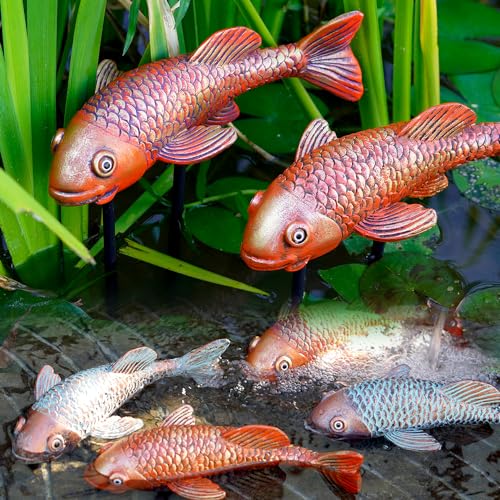 Antique Ceramic Koi Fish Garden Statues - Set of 2 | Exquisite Fish Sculptures for Outdoor, Patio, Pond, and Garden Decorations (Brassy) - color: Brassy