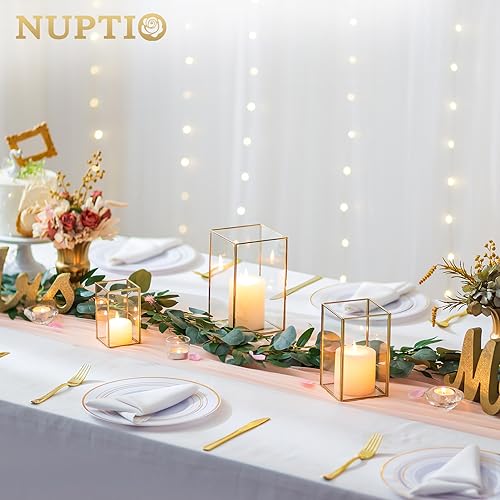 NUPTIO Hurricane Candle Holder Centerpieces: 6 Pcs Decorative Glass Candles Lantern with Gold Metal Frame Modern Pillar Candle Holders for Wedding Thanksgiving Anniversary Decor 8.1 & 6.5 & 4.7 inch - color: Gold, size: 8.1 & 6.5 & 4.7 inch H - 6 Pcs