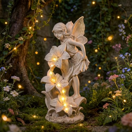 Angel Garden Statue Outdoor, Solar Powered Resin Garden Sculptures Fairy Angel Statues Waterproof LED Lights Yard Art Decorations for Outside Patio Lawn Ornament Gardening Gifts - style: Flower