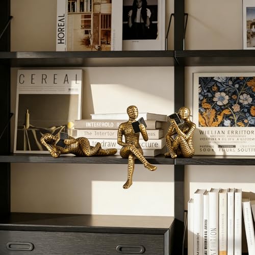 XINXUAN Gold Abstract Man Sculpture with Crystal Balls - Modern Art Deco Home/Office Shelf and Table Top Decoration, Ideal Gift for Art Lovers, 8" Tall (3PCS Letter-Gold Reading)