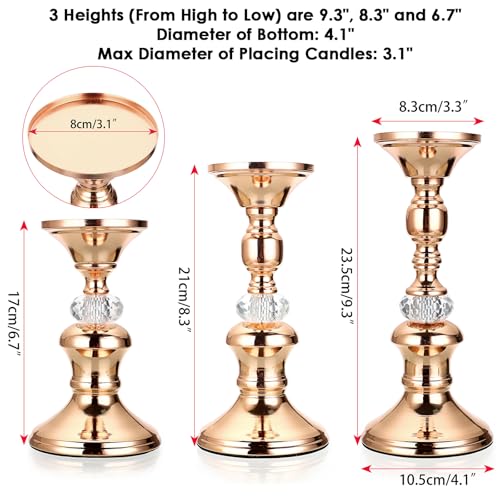OwnMy Set of 3 Rose Gold Metal Pillar Candlestick Holders Brass Pillar Candle Holders for 3 Inch Candles, Elegant Metal Crystal Candle Stands for Dining Table, 6.7"+8.3"+9.3" Height Set
