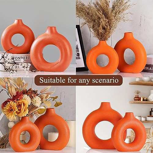 Orange Ceramic Donut Vase Set of 2, Hollow Round Matte Pampas Flower Vases for Boho Home Wedding Party Room Dinner Table Shelf Decor.（Orange） - color: Orange, size: Donut Set of 2