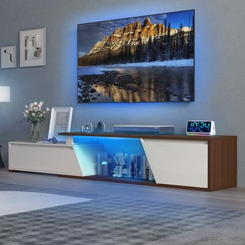 Verano Garden Extendable TV Stand with Led Lights, Wood TV Media Console with 2 Drawers & 1 Cabinet, Modern Entertainment Center Up to 90 Inch TV for Living Room Bedroom, 63" - 90.6" (White & Walnut) - color: White & Walnut