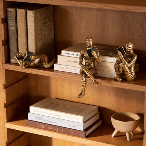 XINXUAN Gold Abstract Man Sculpture with Crystal Balls - Modern Art Deco Home/Office Shelf and Table Top Decoration, Ideal Gift for Art Lovers, 8" Tall (3PCS Letter-Gold Reading)