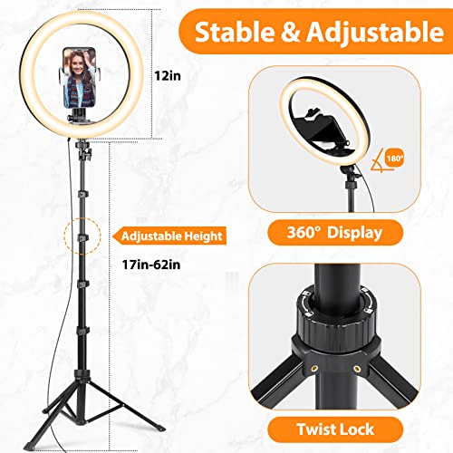 UBeesize 10'' LED Ring Light with 62'' Tripod Stand, Selfie Ring Light for Video Recording, Live Streaming, TikTok & YouTube, Compatible with iPhone & Android (Black) - color: Black, size: 10in