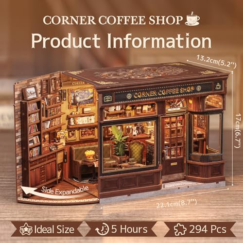 Fsolis Book Nook Kit - DIY 3D Wooden Puzzles for Adults Coffee House with Cat Diorama Booknook Bookstore Mini House Building Kit Gifts for Women Readers Book Lovers (Corner Coffee Shop) - style: Corner Coffee Shop
