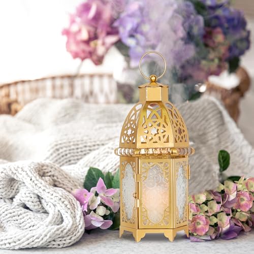 Moroccan Lanterns Decorative Indoor & Outdoor, 12.8’’ Medium Size Golden Metal Hanging&Tabletop Candle Holder Decor, Halloween Christmas Ramadan Decorations for Home Porch Patio (Golden) - color: Golden - 11''h, size: Large