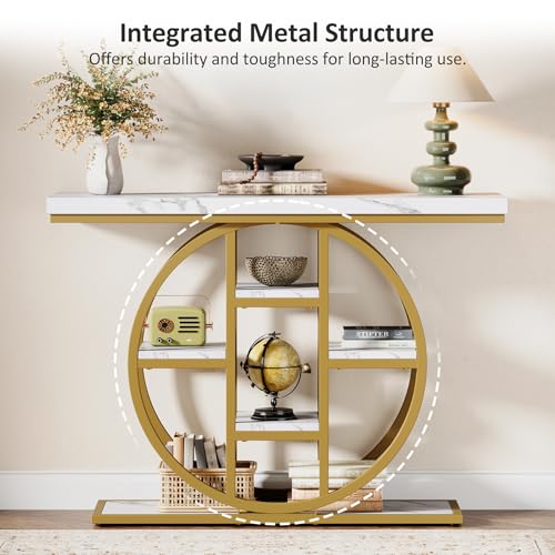 Celaform 41" Console Table, 4-Tier Entryway Table with Circle Base, Industrial Narrow Wood Sofa Accent Tables with Storage Shelves for Living Room, Hallway, Foyer (White Gold) - color: White Gold