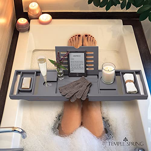Temple Spring Bamboo Bathtub Tray Caddy for Tub — Expandable Wood Bath Tray with Solid Book Stand Wine Holder and Non-Slip Pads — Includes Bamboo Soap Dish and Spa Accessories — Luxury Bath Gift Set - color: Gray