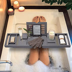 Temple Spring Bamboo Bathtub Tray Caddy for Tub — Expandable Wood Bath Tray with Solid Book Stand Wine Holder and Non-Slip Pads — Includes Bamboo Soap Dish and Spa Accessories — Luxury Bath Gift Set - color: Gray